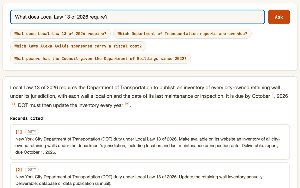 Ask the Trackers answering a question about Local Law 13 of 2026 with two cited records