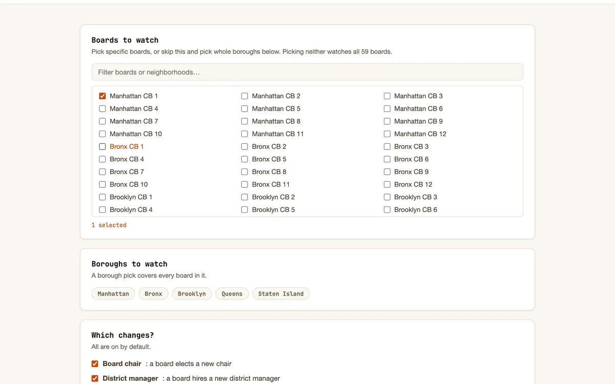 The community board alerts page with boards and change types to pick